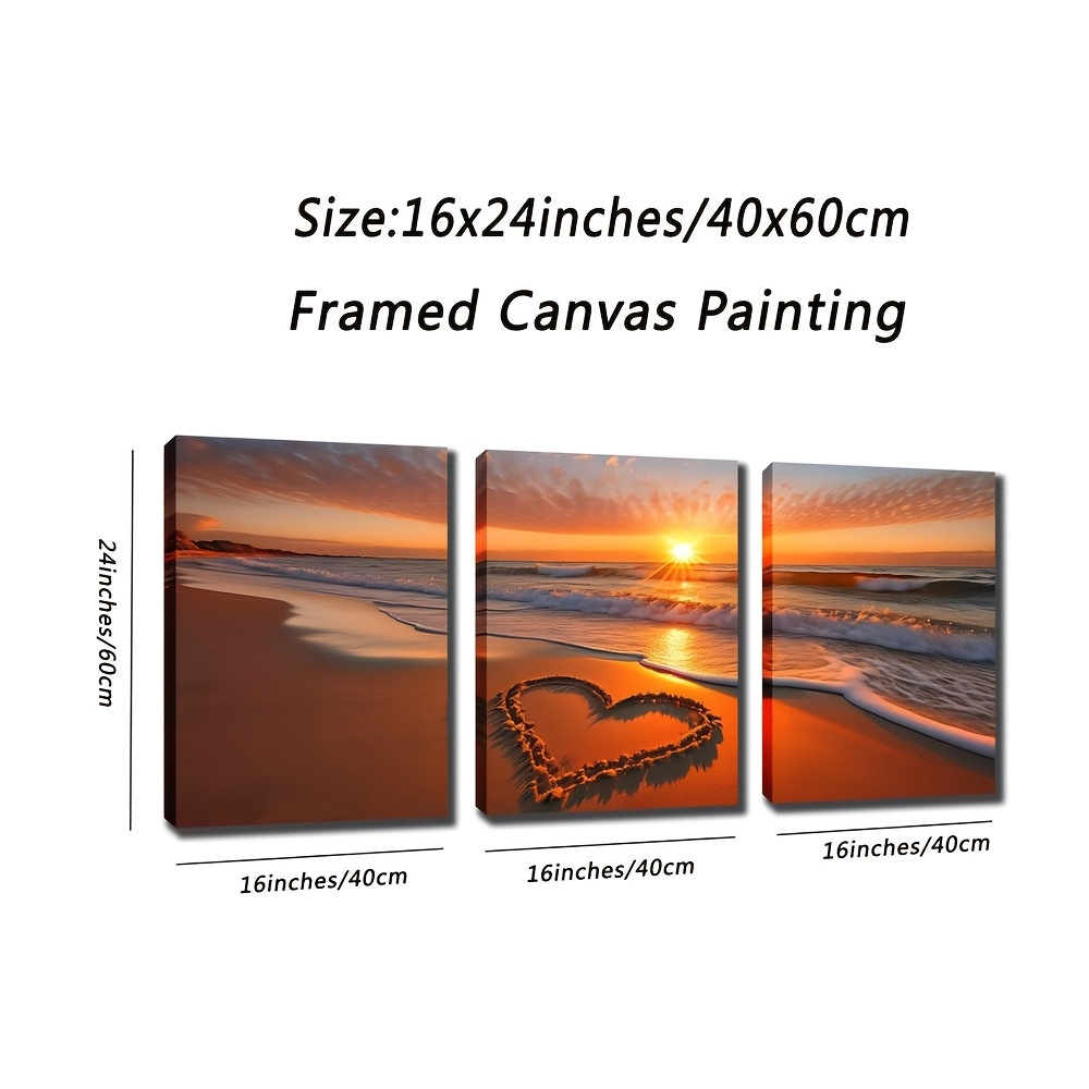 TEMU 3pcs Framed Canvas Decorative Painting Heart Shape On The Beach At Sunset Suitable For Men Young Decorative Office Bedroom Meeting Room Series