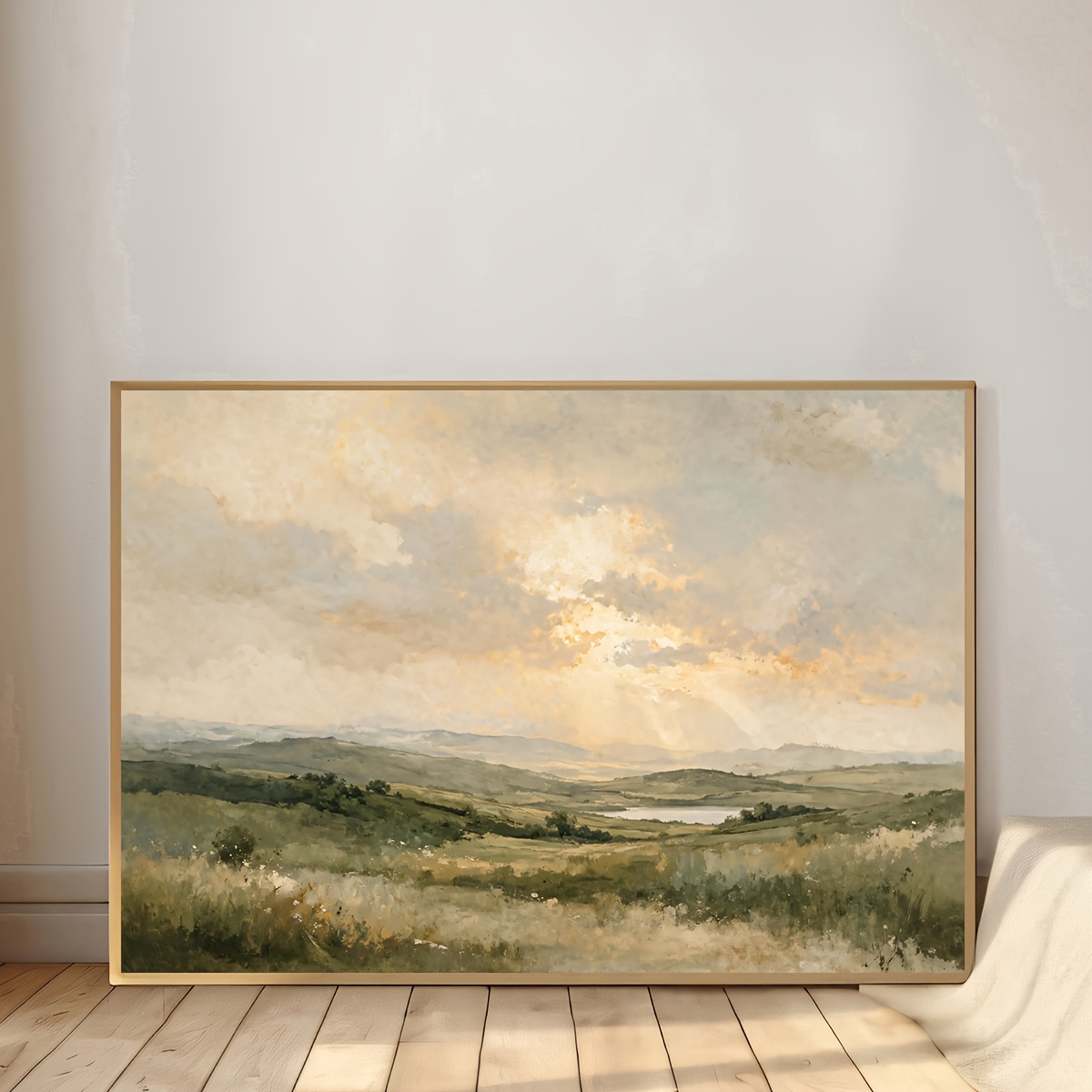 TEMU 2d Flat, 1pc Frameless Rural Landscape Art Poster, Neutral Sage Canvas Painting, Art, Birthday Present, Living Room, Bedroom, Kitchen, Bathroom,