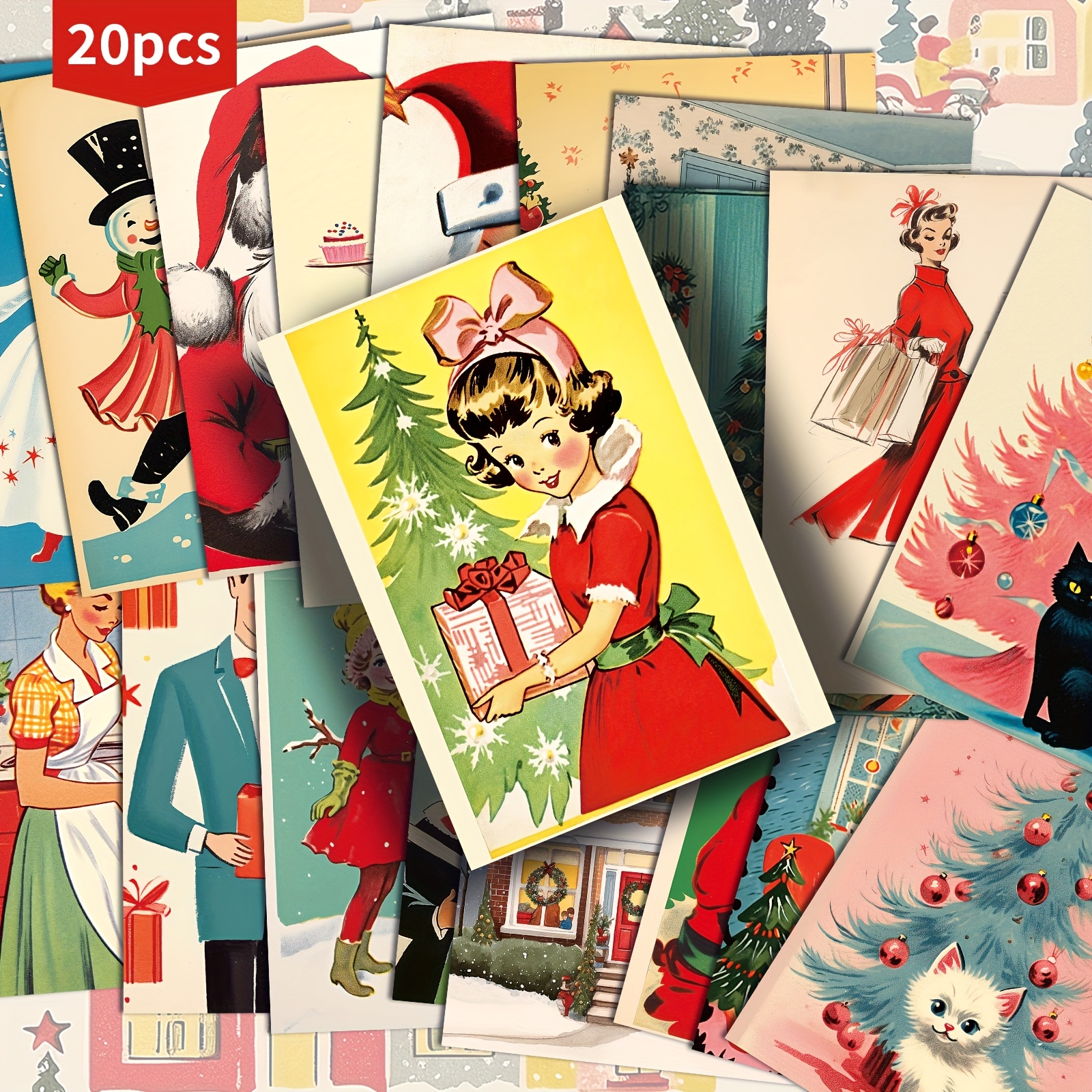 TEMU Confezione da 20 biglietti vintage natalizi invernali anni '50 - Carta da retr簷 da 4X6 pollici, illustrazioni , biglietti da con pittura