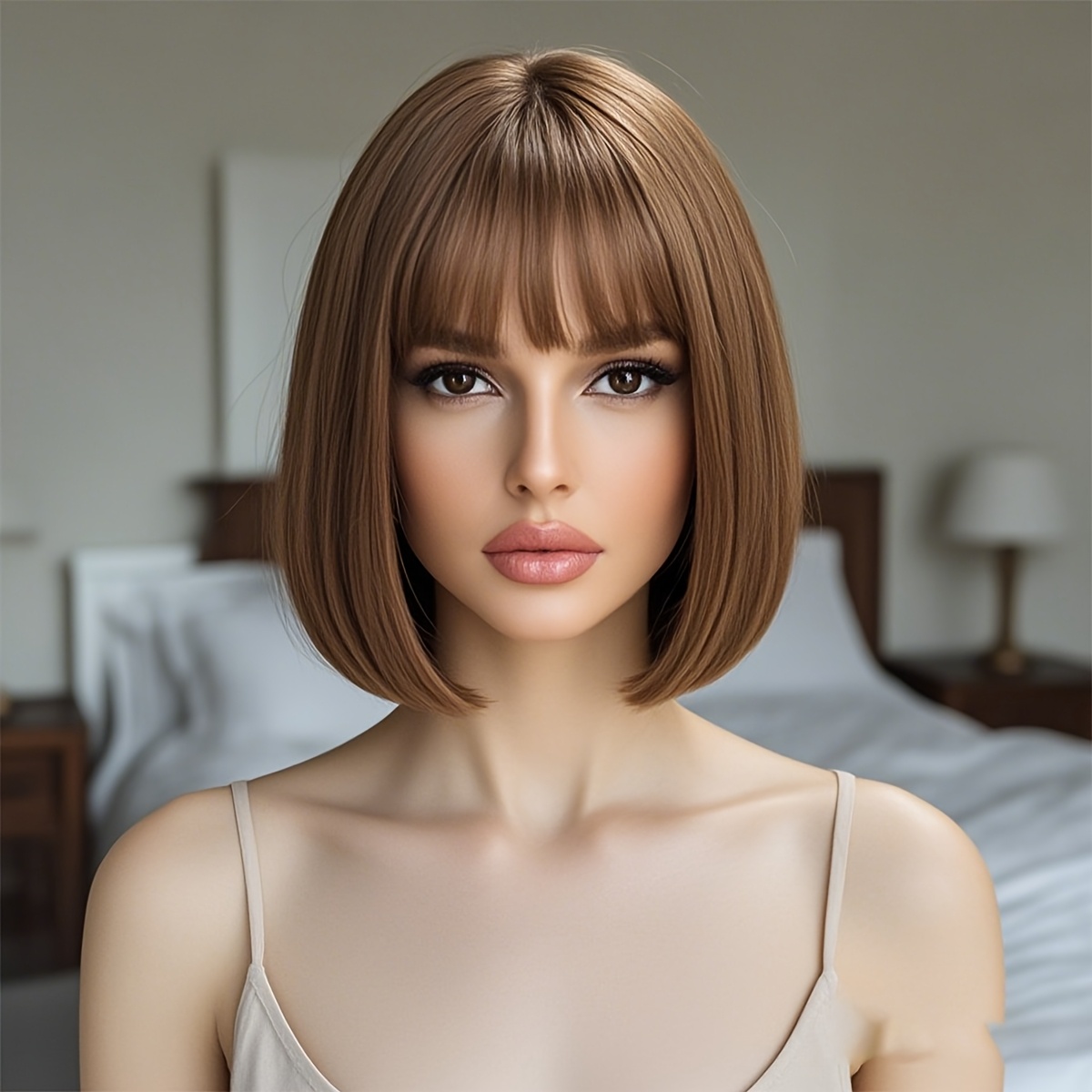 TEMU A 12-inch Light Brown Short Wig With Bangs Designed For Women. It Has Straight, Fine Hair Breathable And Easy To Manage. Includes A And Is Ideal For Everyday Use. From High-temperature Fiber