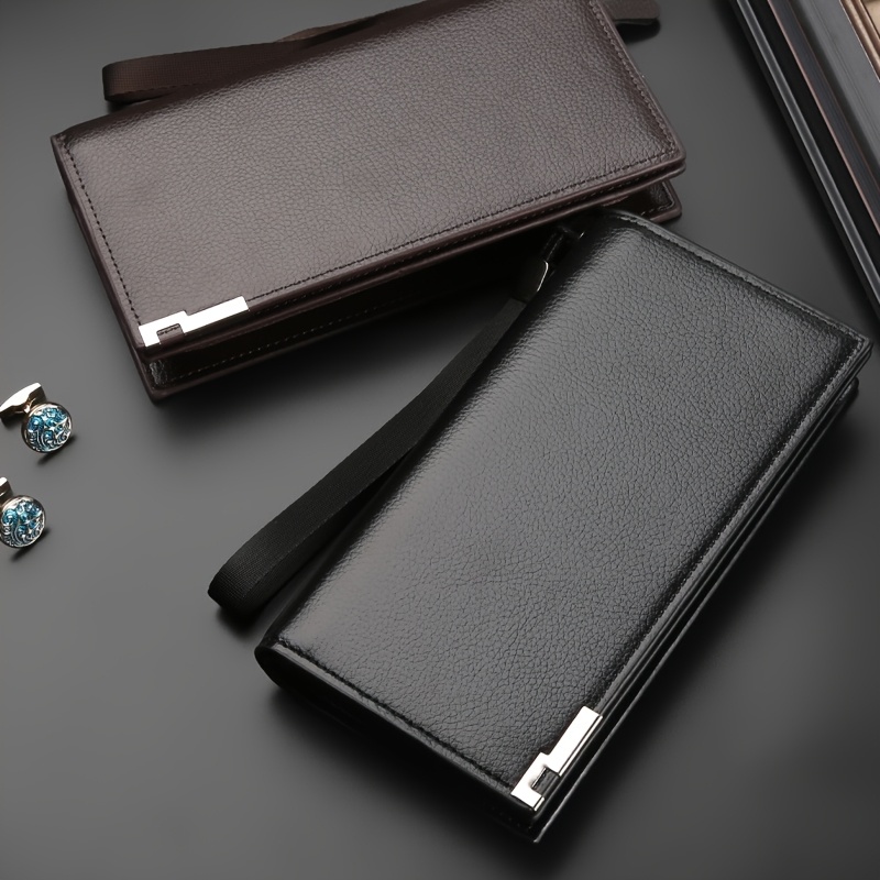 

Elegant Black Leather Men' - Large Capacity, Zippered Clutch With Design, Multiple Card Slots & Polyester