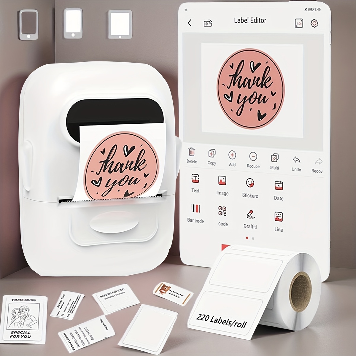 imagen del artículo impresora térmica de etiquetas portátil, ideal para el hogar, ropa,  , joyería y    , compatible con   e ios, equipada con un rollo de 40 x 30 mm de etiquetas blancas. impresora térmica de etiquetas   de usar para  , el hogar y  .