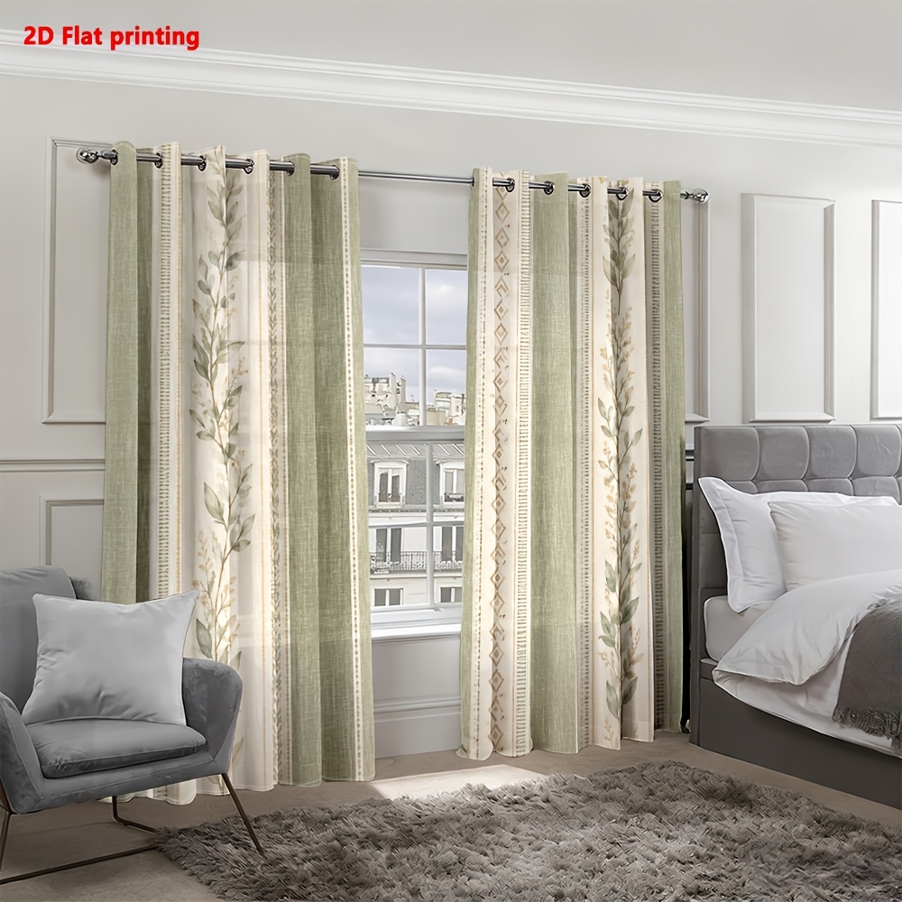 Image of 2d Flat, 2d Flat 2pcs Curtains, Botanical Print, Natural , Light Filtering, Privacy Protection, Living Room, Bedroom, Balcony, Home Decor, 2d Flat