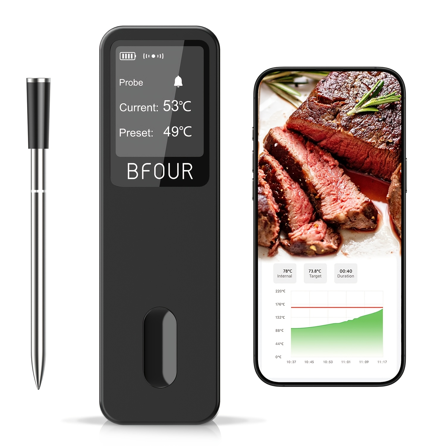 1pc, Bfour Wireless Meat Thermometer With Digital Display, Usb Charging, 100m Wireless Remote Monitoring | | Temp Conversion, Ios And App Control - Suitable For Bbq, Grill, Oven