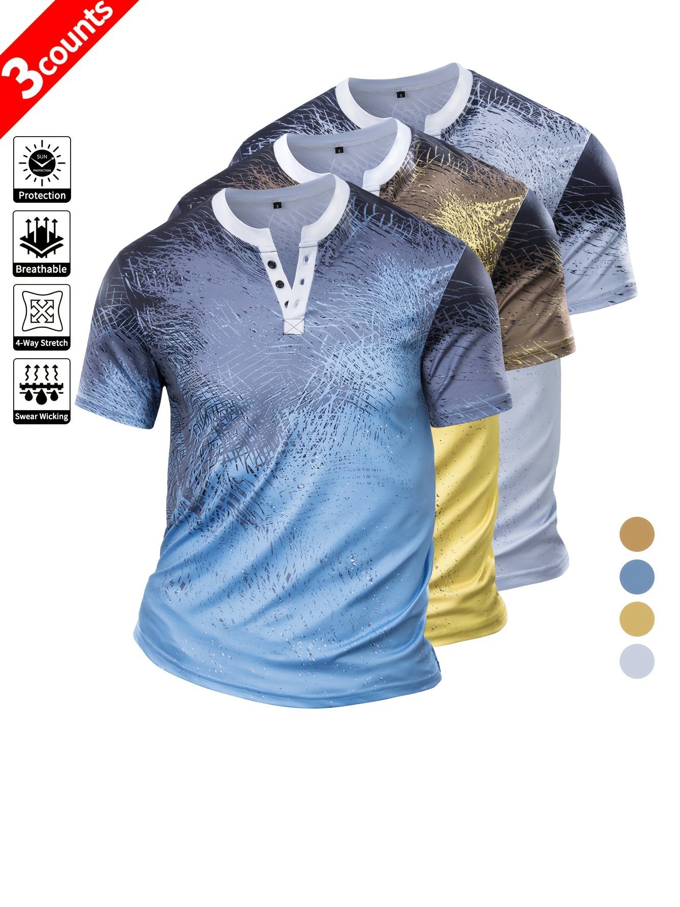Ensemble de 3 chemises Henley décontractées pour hommes, respirantes, légères, confortables et durables, imprimé de couleurs dégradées, hauts de sport décontractés et chic, tissu en tricot doux et anti-usure à séchage rapide, coupe régulière pour le printemps