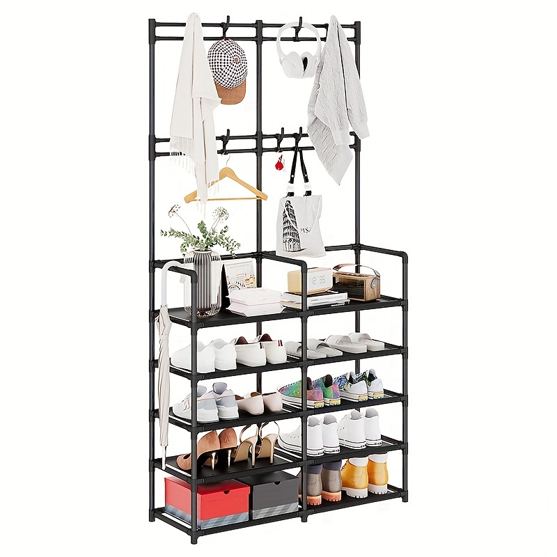 TEMU 1 5-layer Coat Rack And Shoe Rack, Entrance Coat Rack With 8 Hooks, Double Row Shoe Storage Box For Living Room, Bedroom, And Office