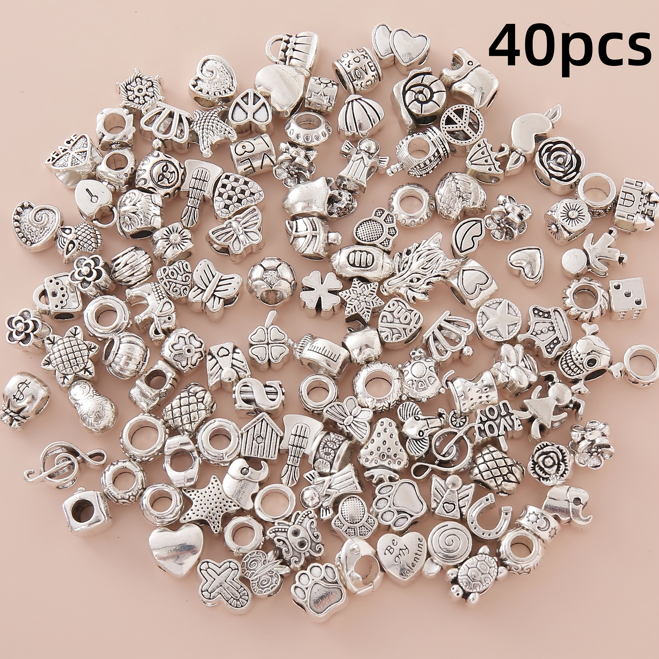 E-shop 40 Stück Gemischte Metall Perlen mit großem Loch | Schmuckperlen für Damen zum Basteln von Armbändern und Halsketten, Vielseitiges Zubehörset,
