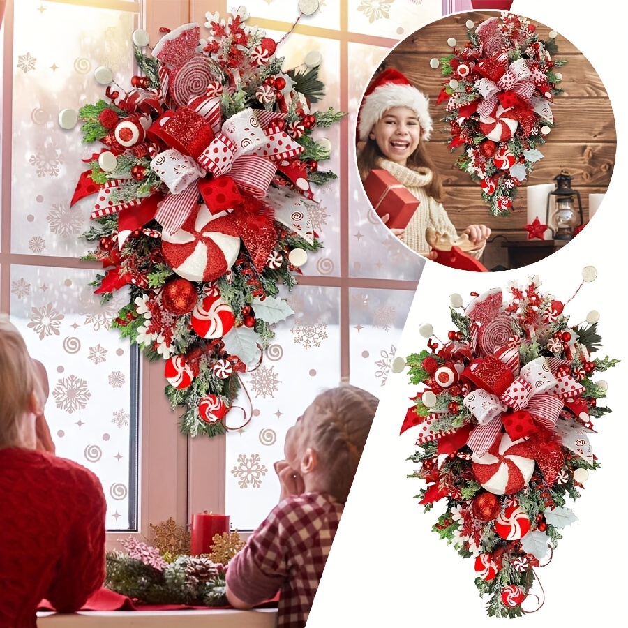 

Christmas Door Hanging Tree Decoration With Candy Canes, Red And White Ribbons - Plastic Material, No Bulbs, Electricity-free Holiday Wall Accent