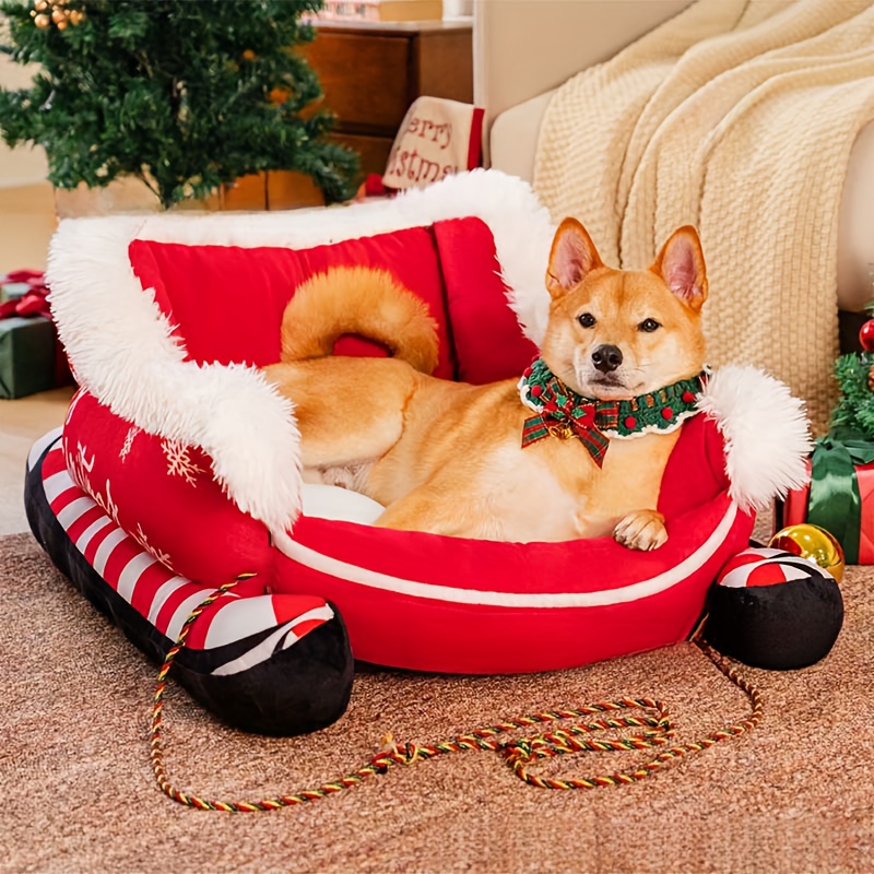 PETFEET Christmas Sled Cat Bed & Dog Bed - Winter Warm Pet House with Removable Washable, Sleigh-Shaped Pet Pad for Cats/Dogs
