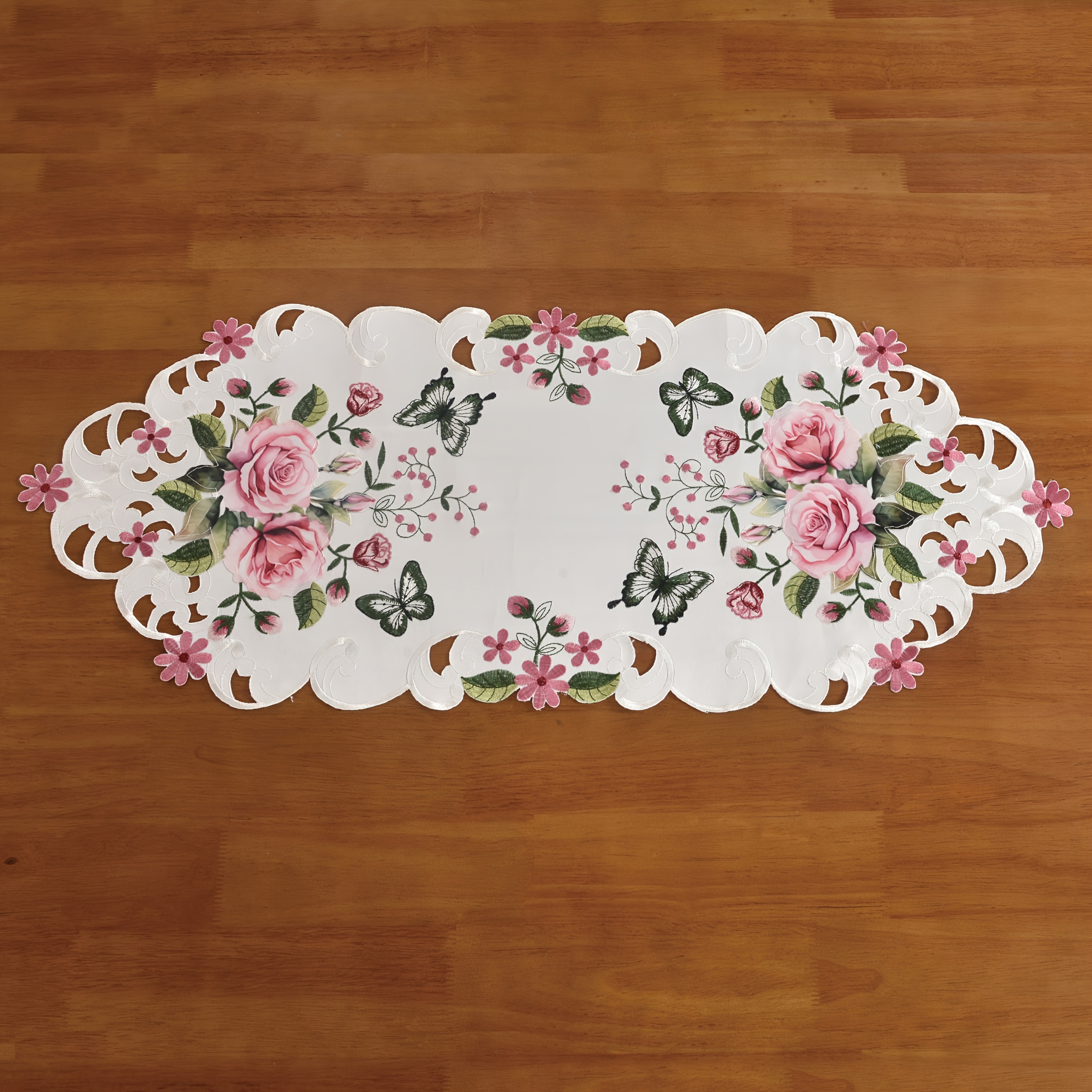 E-shop Tischläufer mit Rosenblütenmotiv für Frühling und Sommer, besticktes Schmetterlingsdesign, Wasserfarben-Rosen-Patchwork, Vintage-Stil,