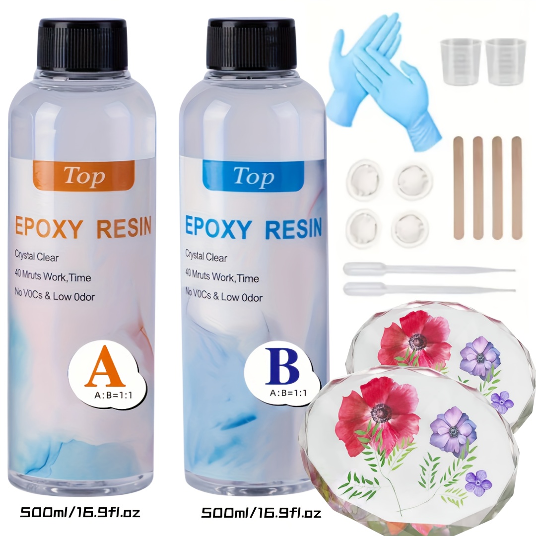 

Epoxy Resin Kit 33.8oz (500ml A + 500ml B) With Graduated Measuring Cups, Wooden Sticks, Gloves, 1:1 Ratio For Resin Art, River Tables, Jewelry Diy, Tumblers, Mold Making, Art Painting
