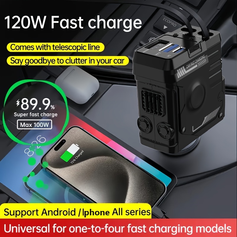 

120w Super Mech Style Charger, Real-time Voltage Supervision, Adjustable Body Direction, Retractable Data Cable, 4 In 1 Comes With Cable And Type-c, Compatible With Phone, Tablet Pc, Pixel And More.