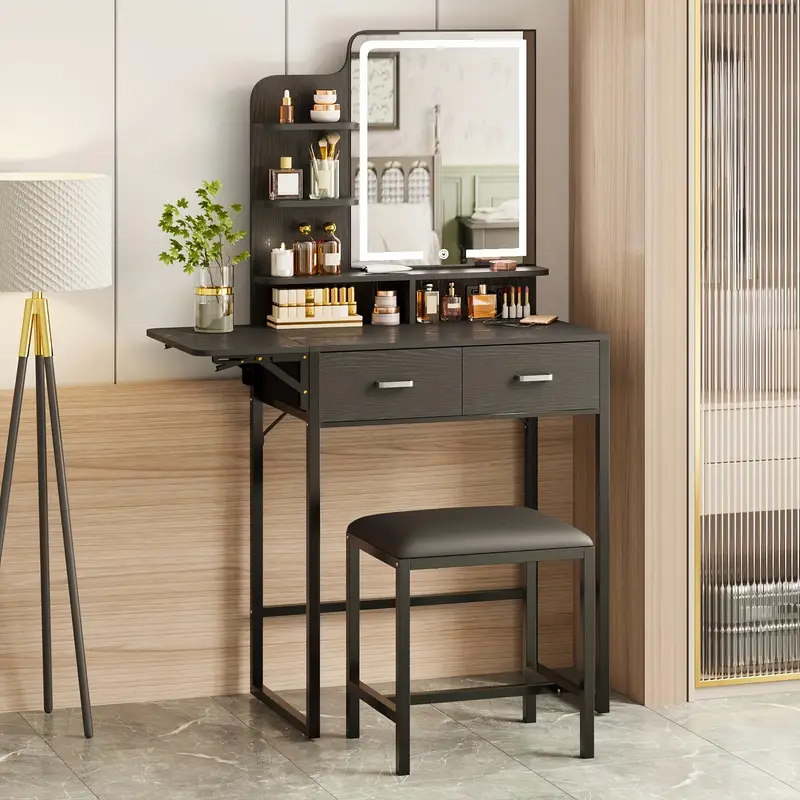 * Vanity Desk with Mirror And Lights, Heavy Duty Makeup Vanity Table Set with 2 Storage Drawers, Power Outlet And Chair, Small Dressing Table for Girls' Bedroom, Black * Vanity Desk with Mirror And Lights, Heavy Duty Makeup Vanity Table Set with 2 Storage Drawers, Power Outlet And Chair, Small Dressing Table for Girls' Bedroom, Black