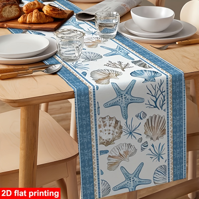 TEMU de mesa de 1 pieza - Diseño geométrico de rayas azules con , conchas y coral del , decoración rectangular para mesa de comedor de 13x48/72/108