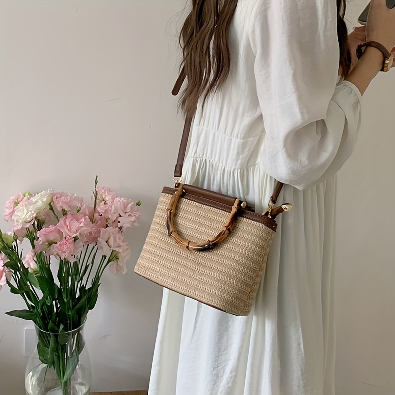 Women's Woven Bucket Bag with Bamboo Handle
