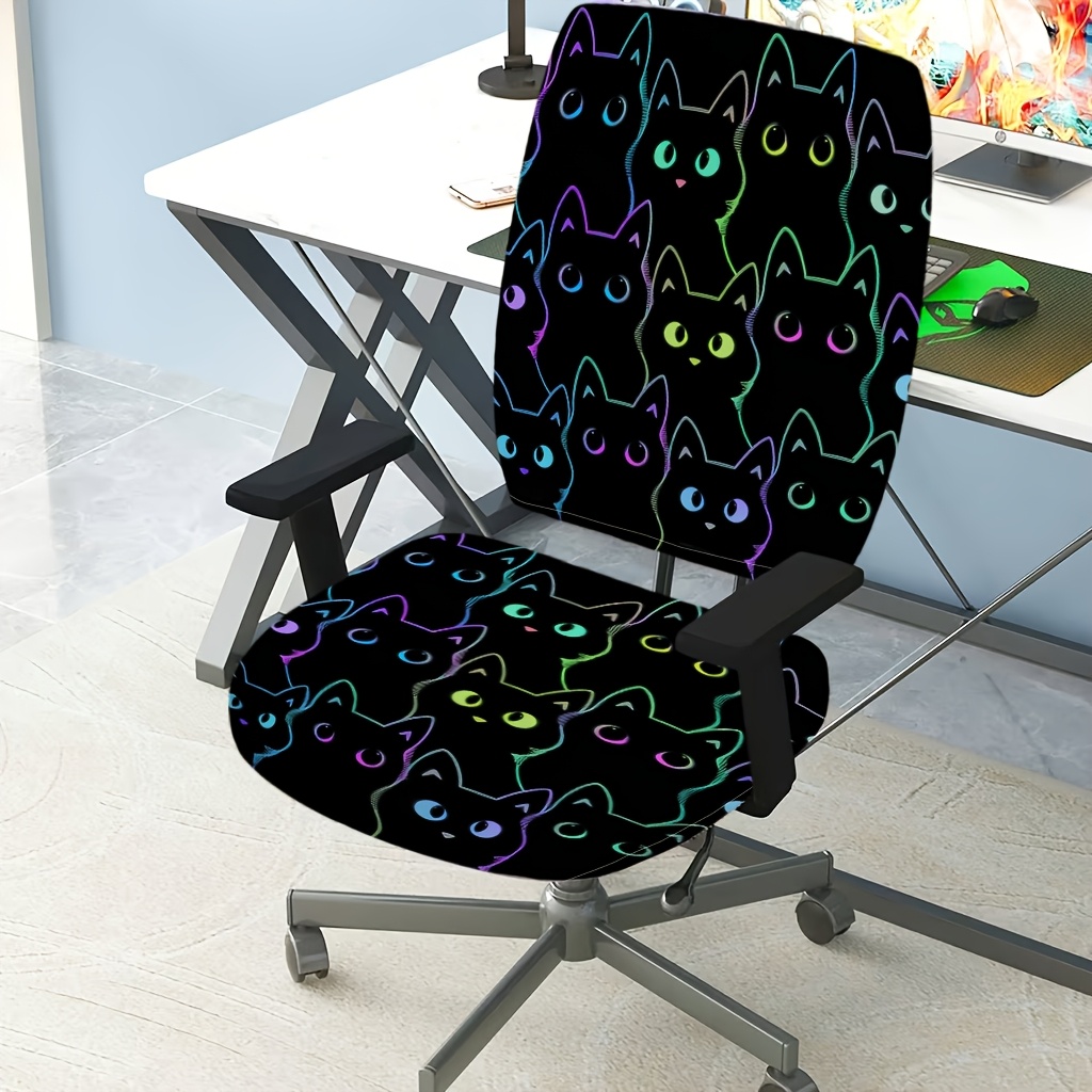 TEMU Parure de 2 housses imprimées pour chaise de bureau, chats noirs avec fluo colorés sur fond noir, protège-siège de chaise de gaming, housses de