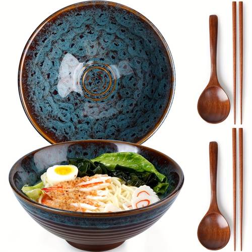 2pcs Vintage Japanese Ceramic Ramen Bowls - 20.32 cm, 2 Spoons And 2 Chopsticks | High Soup Bowl, Artistic Bowl Design, Microwave And Dishwasher Safe, Suitable for Home, Kitchen Or Restaurant Use