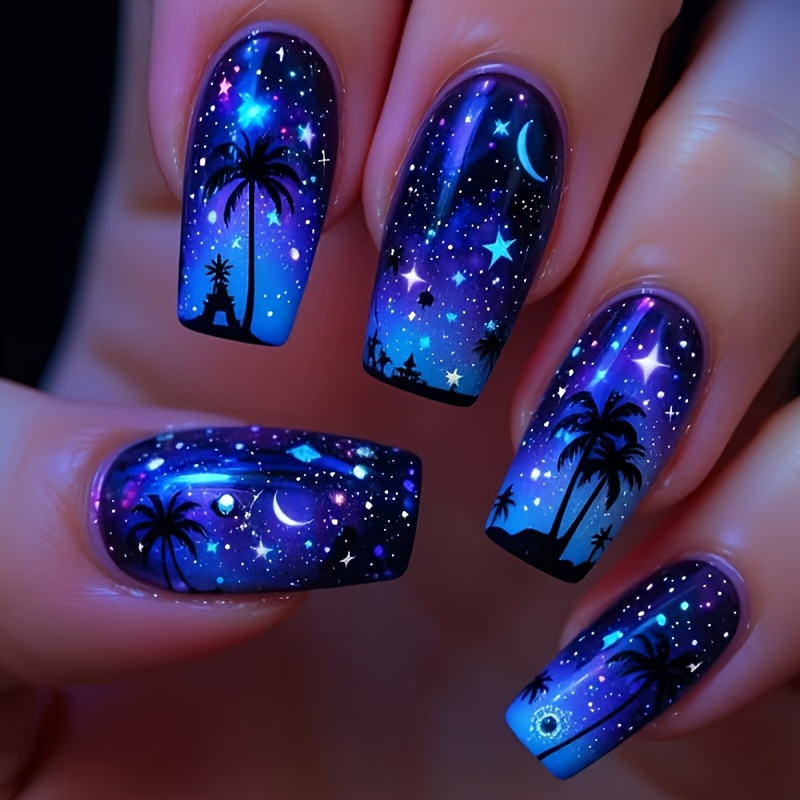 TEMU 24pcs Coconut Silhouette & Starry , Star Night Nail Set - Highlighting Coconut Tree Under The Starry ; Featuring Stars & Night , Removable Press-on Fake Nails
