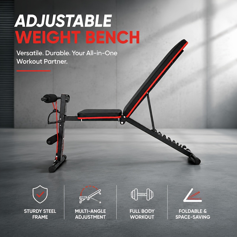 Image of -one Adjustable Weight Bench With Resistance Bands & Leg Holders, 7-level Adjustable Workout Bench, Flat/incline/ For Full-, Strength Training Bench, Includes Pull Ropes For Full-body Workouts