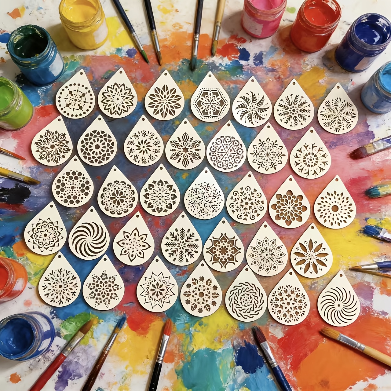 TEMU Set Of 35 Reusable Mandala Stencils For Artistic Projects On Surfaces Like Rocks, Wood, Canvas, Fabric, Glass, And Pottery