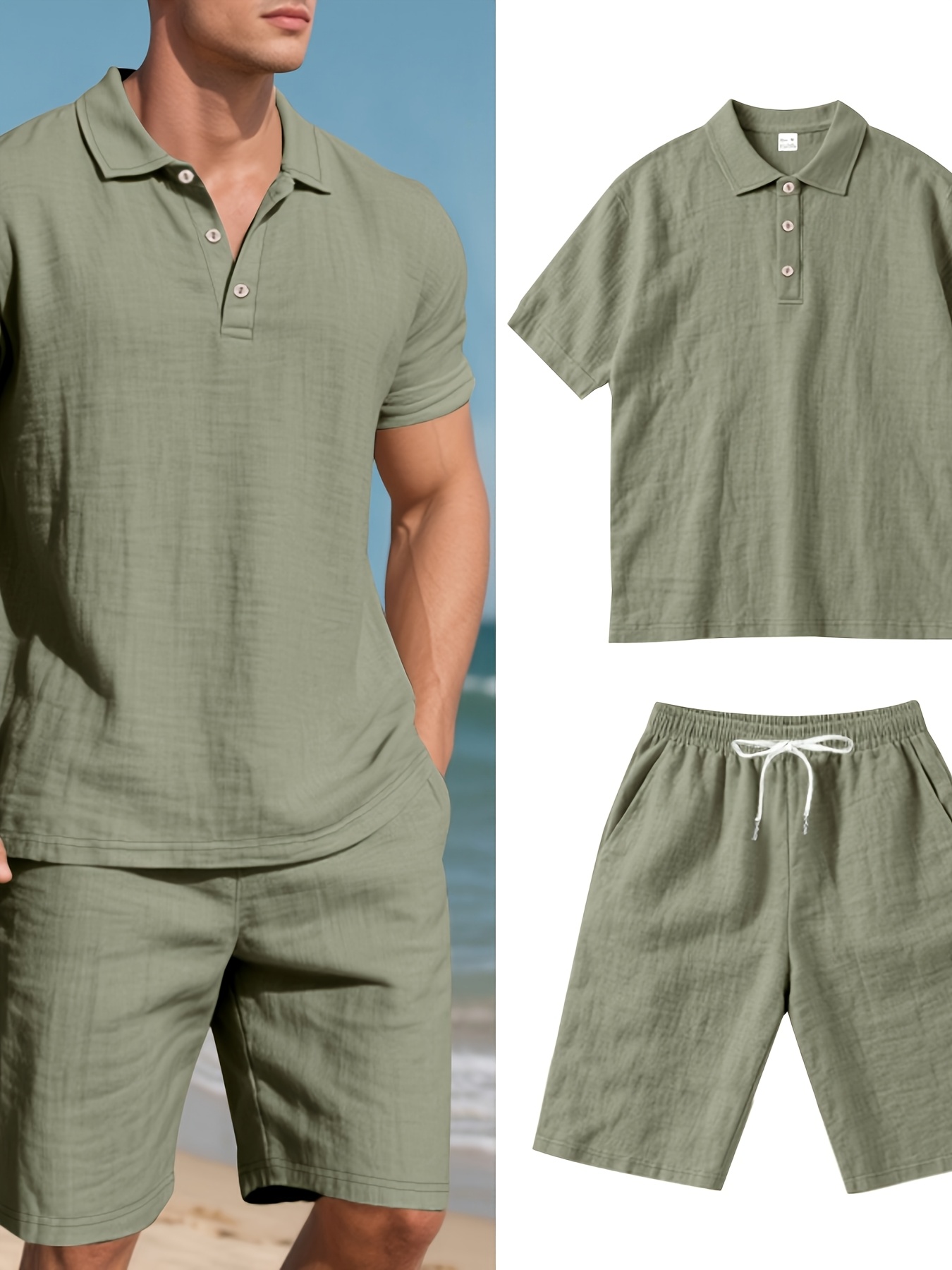 new summer mens loose fit beach casual breathable lazy commuter short sleeve shorts set linen   shirt 2pcs set suitable for daily commuting strolling   and   short trips seaside vacations and afternoon tea dates