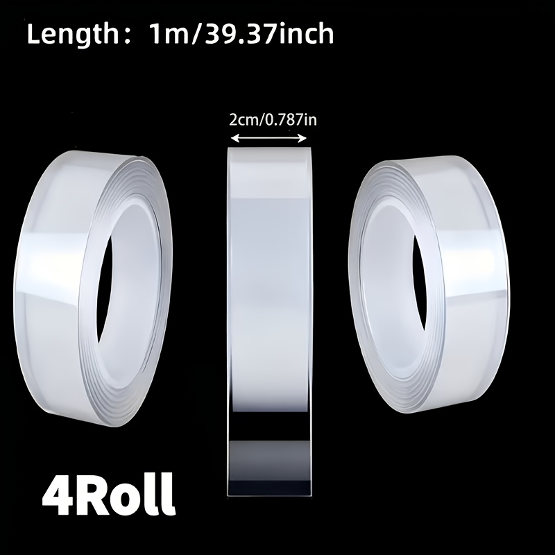 TEMU Lot de 4 rouleaux de ruban adhésif double face nano robuste - Réutilisable, trace et lavable - Bandes adhésives puissantes, adaptées , et la