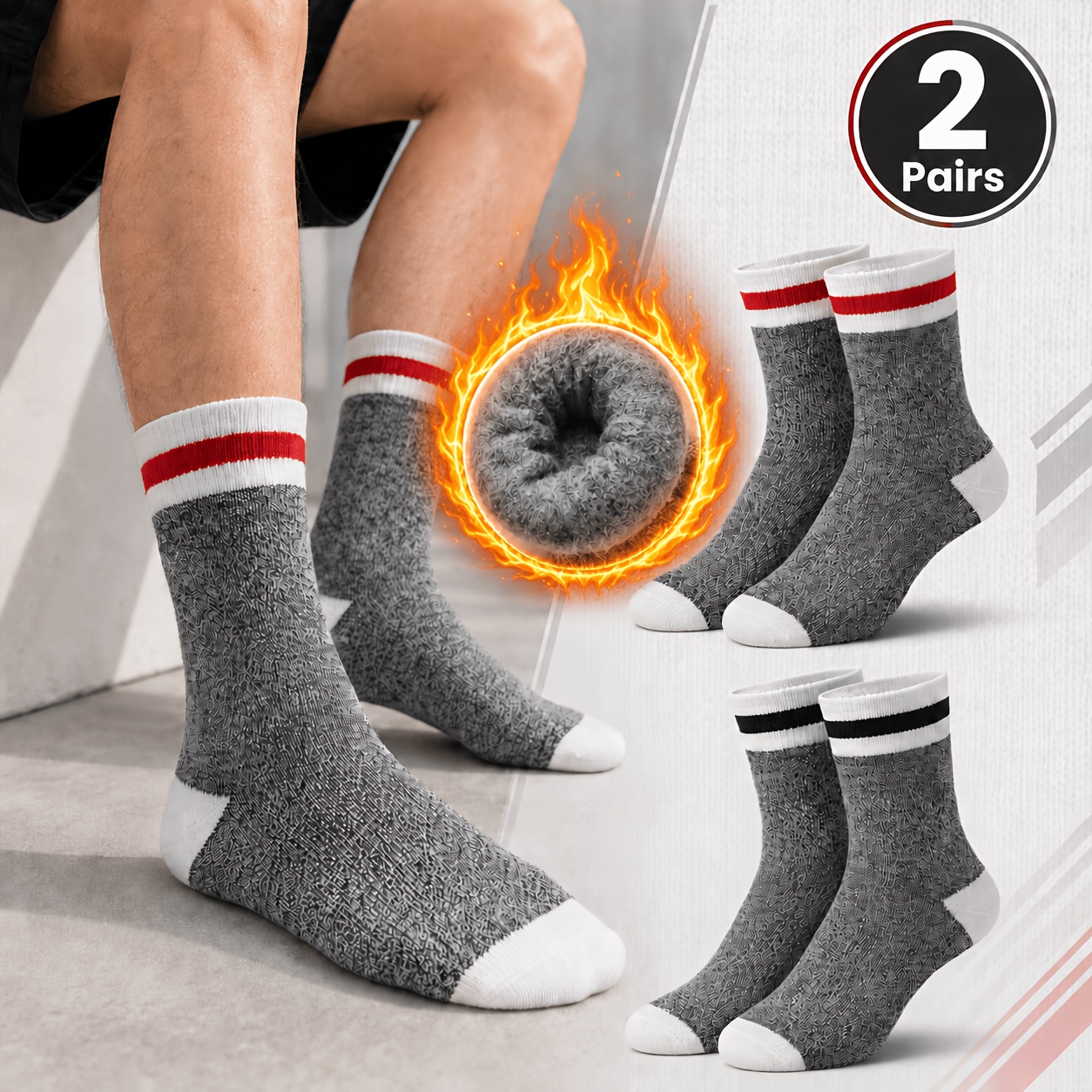 TEMU 2 paires de chaussettes mi-hautes d'hiver chaudes de couleurs mélangées pour homme et femme, chaussettes thermiques à doublure épaisse brossée,