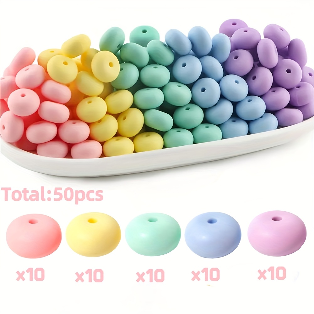 E-shop 2D Flach, Silikonperlen-Sortiment 50 Stück 14mm Silikon-Abakusperlen 5 Farbmischungen Flache Linsen-Spacerperlen für DIY-Schmuck, Halsketten,