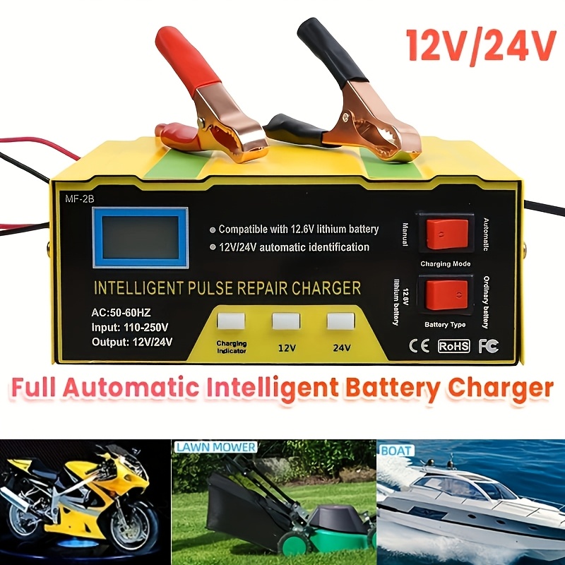 

1pc Car Battery Charger 12v/24v Repair Lcd Display Smart Fast Charging, Deep Cycle For Auto, Motorcycle, Boat, Mower