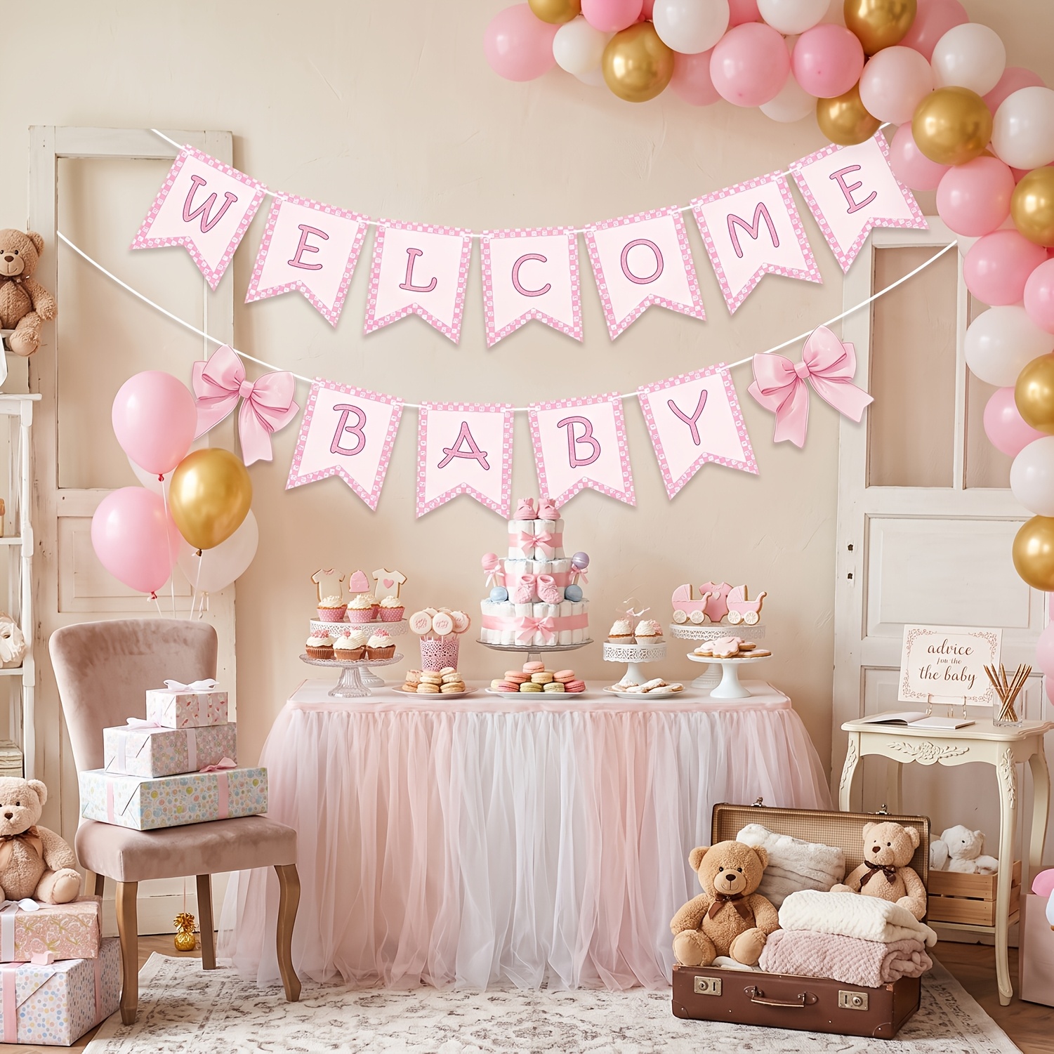 Welcome Baby Garland, Pink Bow Hanging Banner for Baby Shower