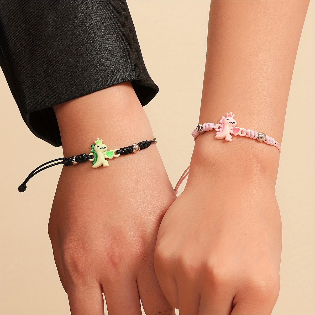 TEMU 2pcs -the- Dinosaur Crown & Heart - -charged Couple Wristbands Suitable For Women, Valentine's Day Gifts, Cute Matching For Parties & Casual