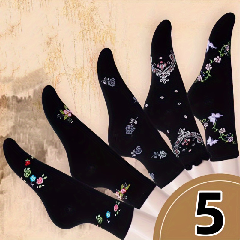 TEMU Chaussettes Femme Vintage à Floraux Polyvalentes - Lot de 5 Paires - Style Automne-Hiver