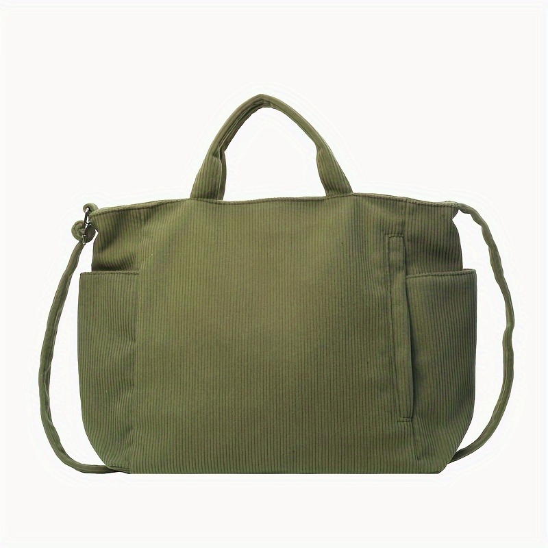 Solid Color Corduroy Tote Bag, Fashion Large Capacity Handbag, Casual Crossbody Bag for School Travel Work,$16.99,Striped,Green,Temu