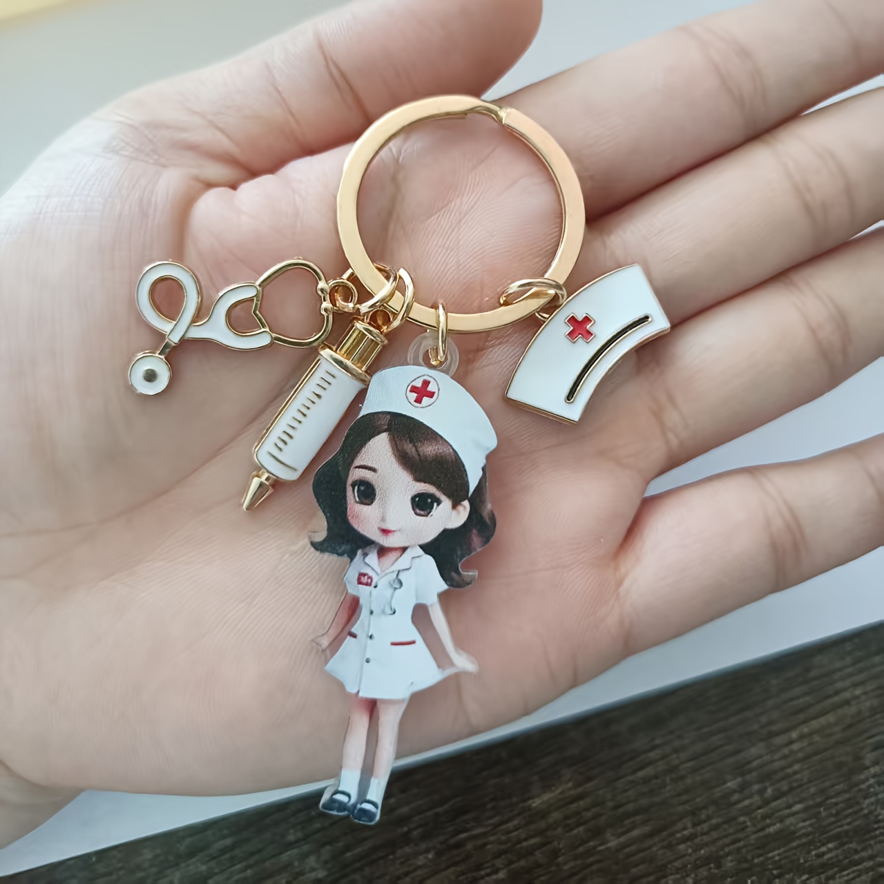 Image of 2d Flat, Nurse-themed Keychain - Cute Cartoon Nurse With Stethoscope & Red Design, Durable Iron Alloy, Backpacks, Car Keys, Wallets - Ideal Gift For Medical Professionals, Nurse Accessories