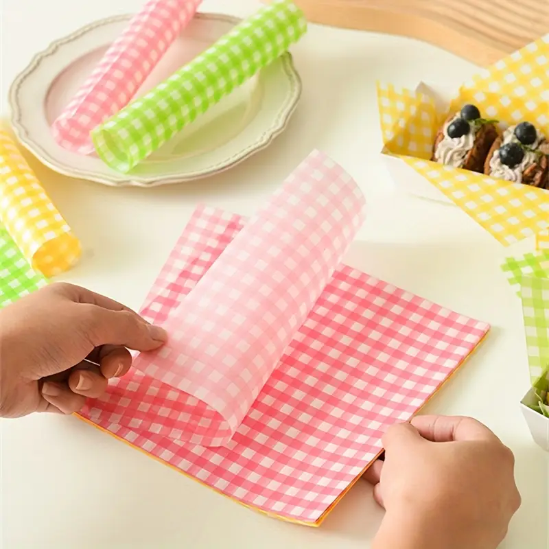 oil proof greaseproof wax paper sheets decorative checkered green grid baking serving kitchen wrapping paper for bakery gift packaging pink white green white wax paper sheets for food festive design material Product details 5