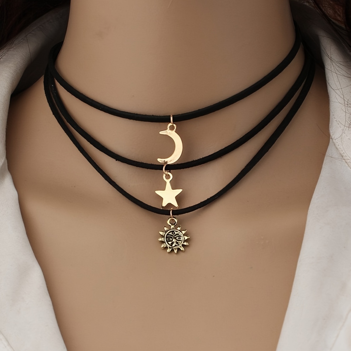 

3pcs Set Gothic & Hip Hop Style Necklaces With Star, Moon, And Sun Pendants - Zinc Alloy Fashion Accessories For Women