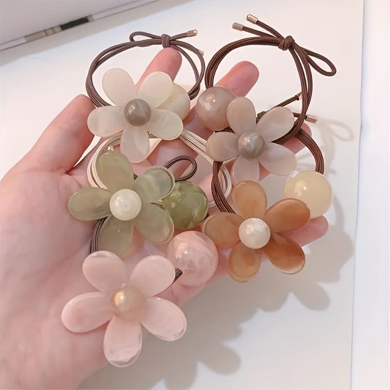 TEMU 5pcs Cute Flower Elastic Hairbands Compatible For Women & - Coffee Hair Ties, Hair Rings, Hair Accessories - Ideal Gift For, Parties, Weddings, Casual Attire - Pack Value (5pcs)