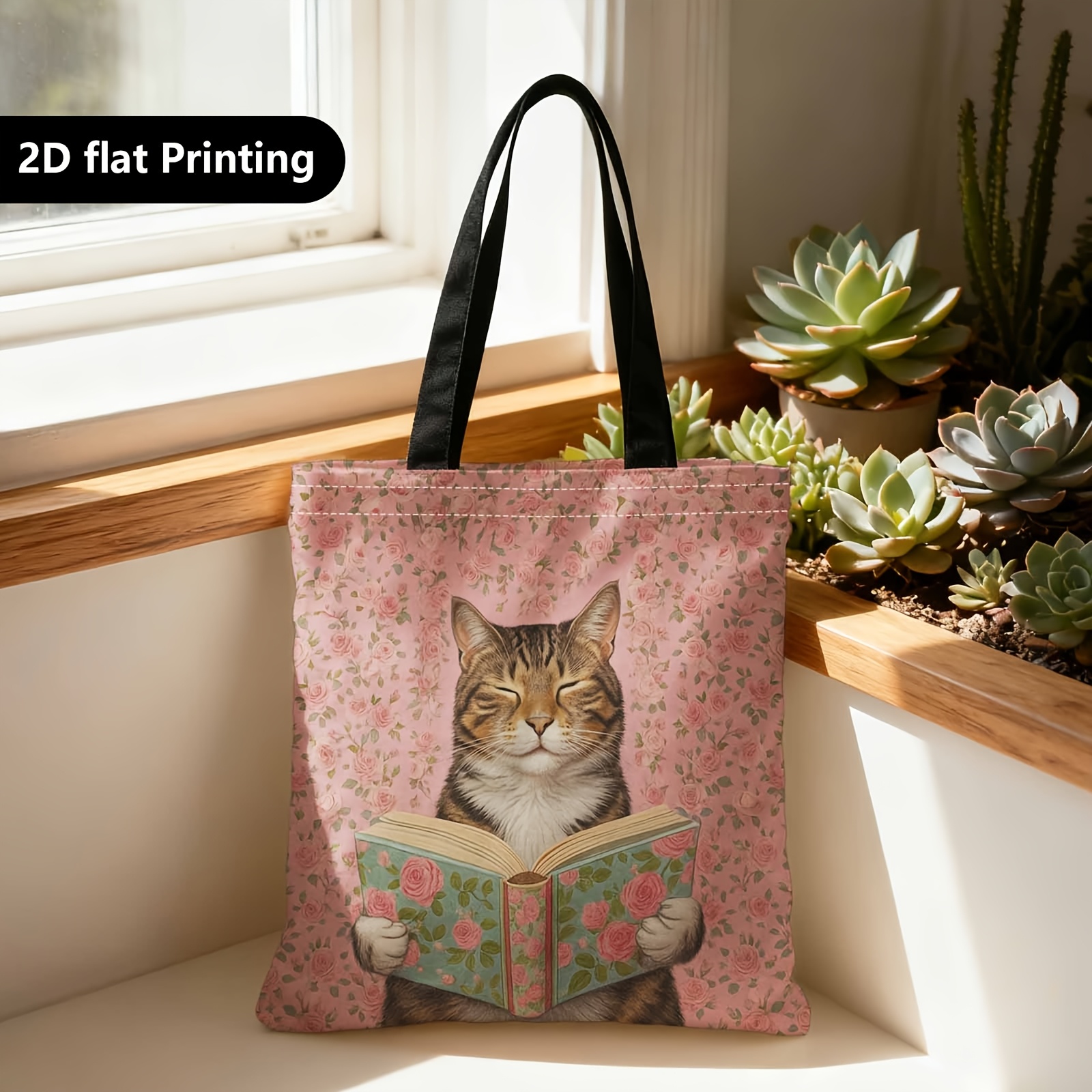 TEMU 【2D両面】猫柄 花柄 ピンクのバラ ショッパーバッグ | 携帯用ショルダーバッグ、旅行、コスメ、ホリデー収納、家具、ギフト、家族の集まりに最適、洗濯機洗い可、裏地なし、留め具なし