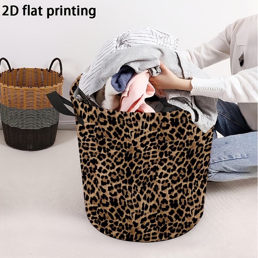 TEMU Large Round Leopard Print Laundry Basket With Sturdy Handle - Modern Hamper Suitable For Home,, Bathroom Storage - Dirty Clothes Basket, Large