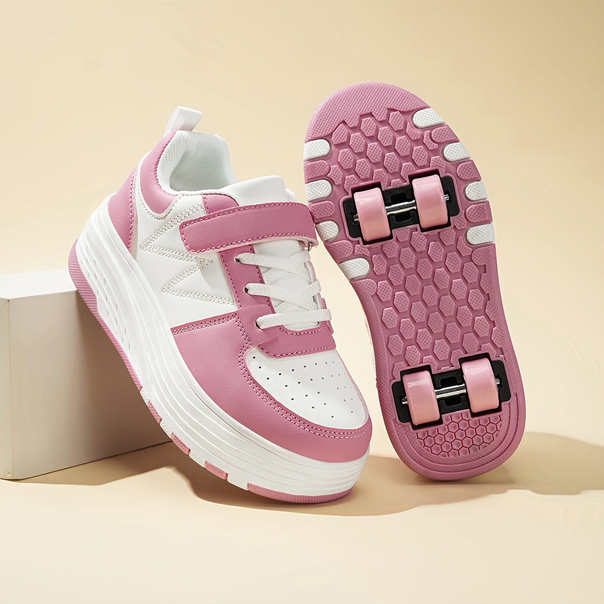 Children's Fashion Roller Skates - Girls' Dual-Use Roller Skate Shoes with Detachable Wheels, Lightweight and Non-Slip, Round Toe with Lightweight PU Upper,  Patchwork & Shock-Absorbing Non-Slip TPR Durable Sole, Essential for School, Ins-Style