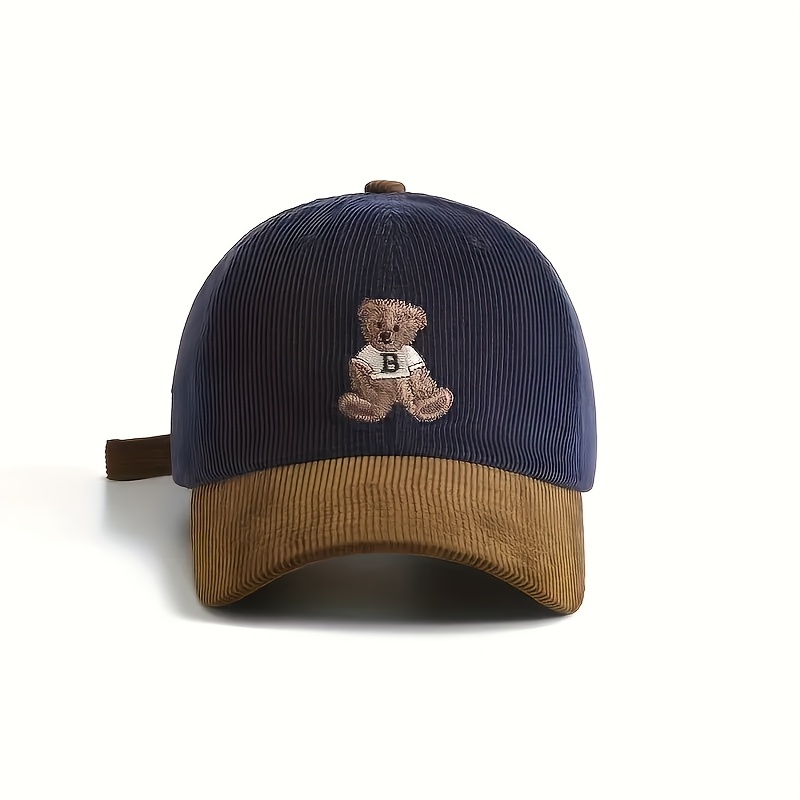 

1pc Unisex Corduroy Baseball Cap With Embroidered Bear, Dual-tone Patchwork Design, Sun Protection, Fitted Closure, Hand Wash Only, Woven Fabric, Suitable For Fall/winter