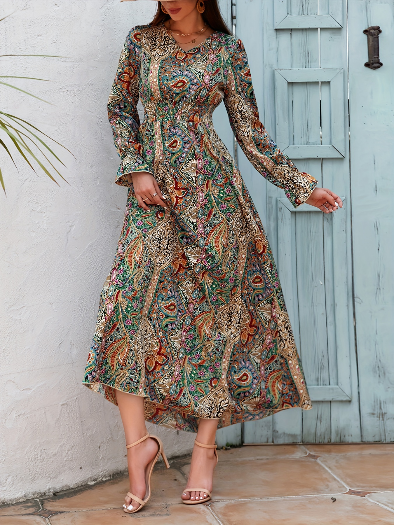 paisley print shirred waist a line dress elegant v neck long - Temu Belgium