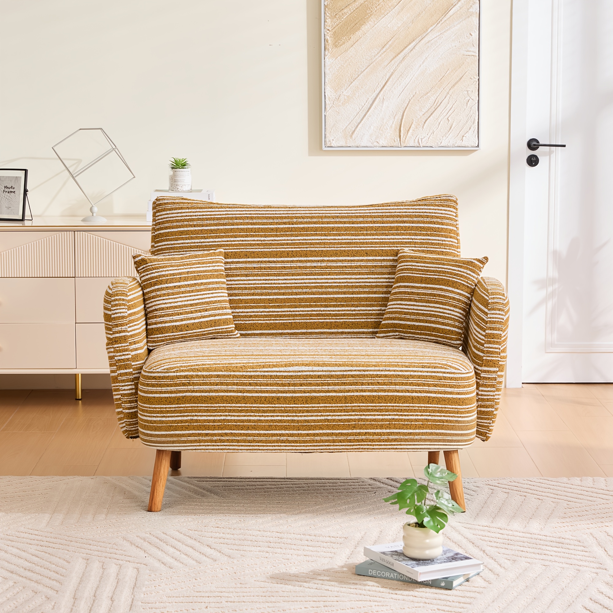 Large Size Loveseat, Sofa With Side Storage Pockets And 2 Throw Pillows, Suitable For Bedroom And Living Room