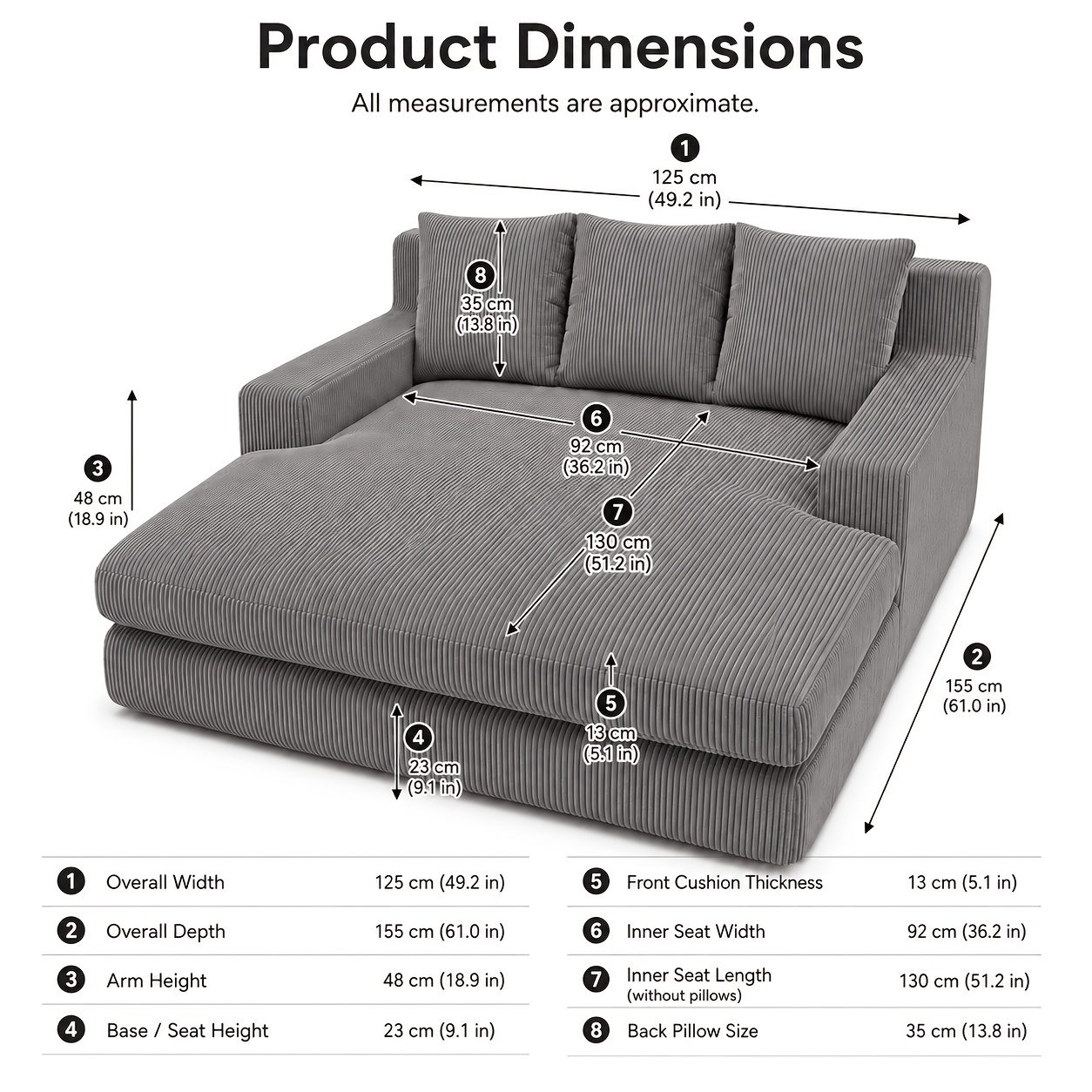 Image of Oversized Chaise Lounge Chair, Corduroy Chaise Sofa Bed With Throw Pillows & Armrests, Upholstered Sleeper Couch For Living Room, Bedroom, Movie Room