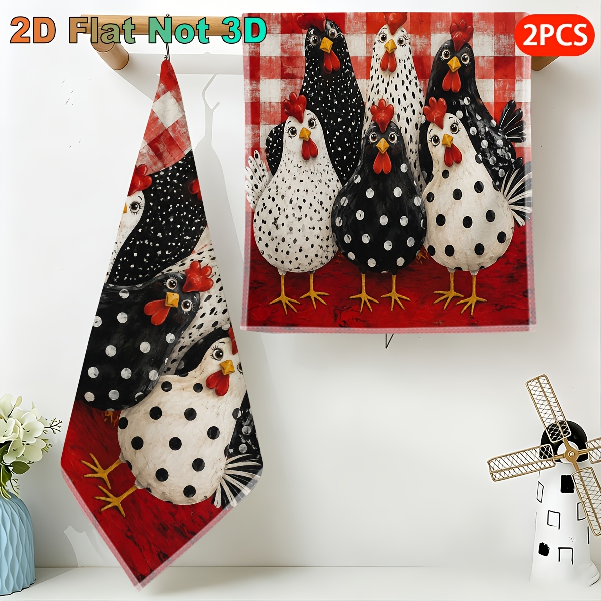 TEMU 2D Plat, 2 pièces, et Éponge, Fond à Carreaux Rouge et Blanc, Groupe de Poussins de Dessin , Serviette Carrée Thématique, Idéal pour Assortiment