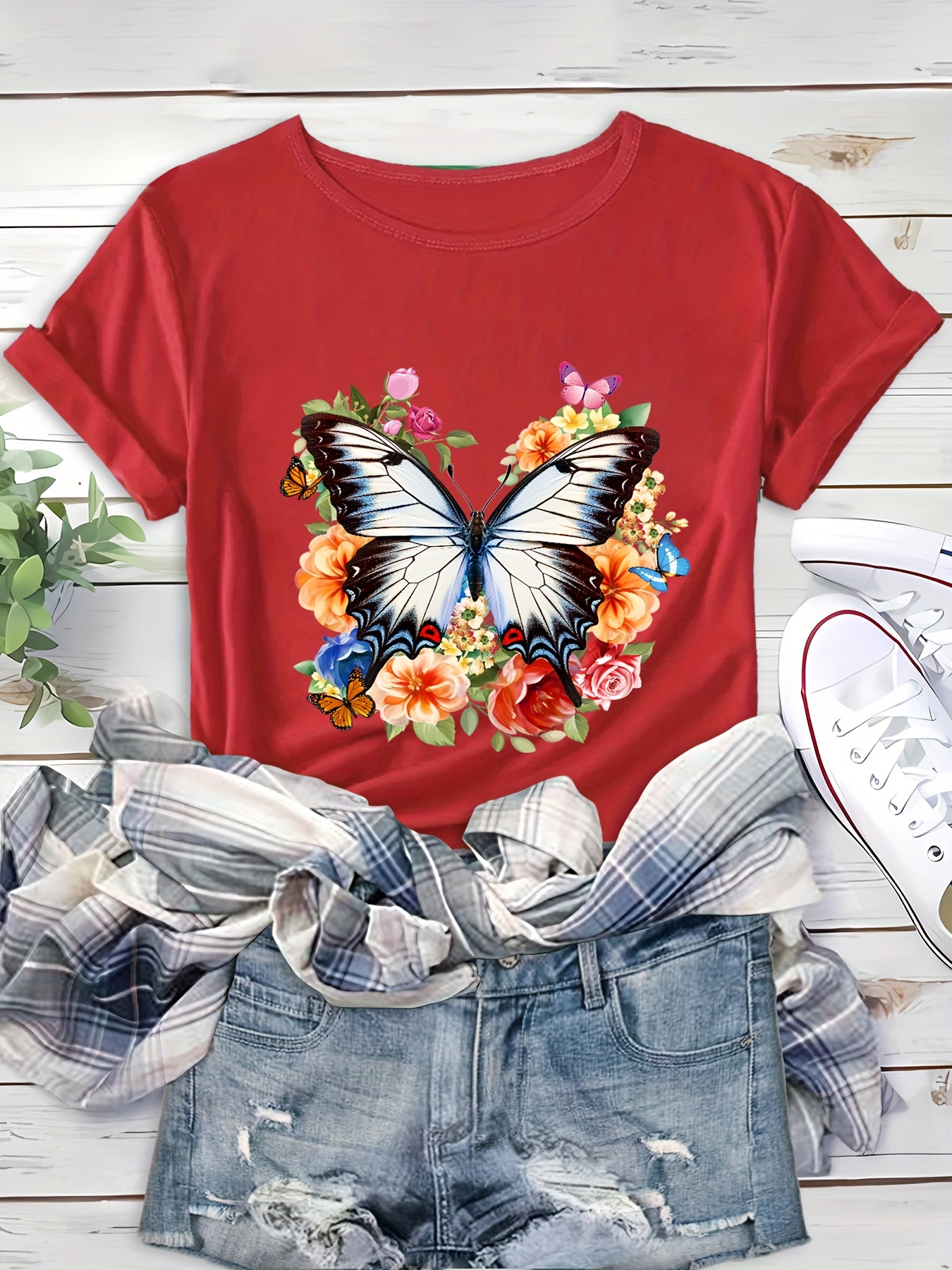 Mariposas Camisetas De Flores Para Mujer Camiseta Negra A La Moda