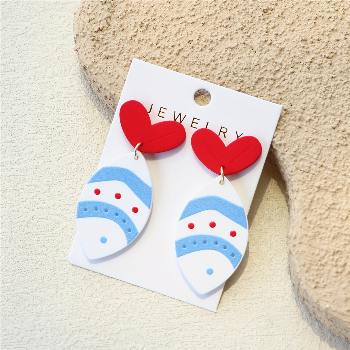 A Pair Of Women's Blue Polka-dot Printed Fish-shaped Acrylic Earrings With A Clay-like Texture, Featuring A Cute And Trendy Heart-shaped Fish Tail Design