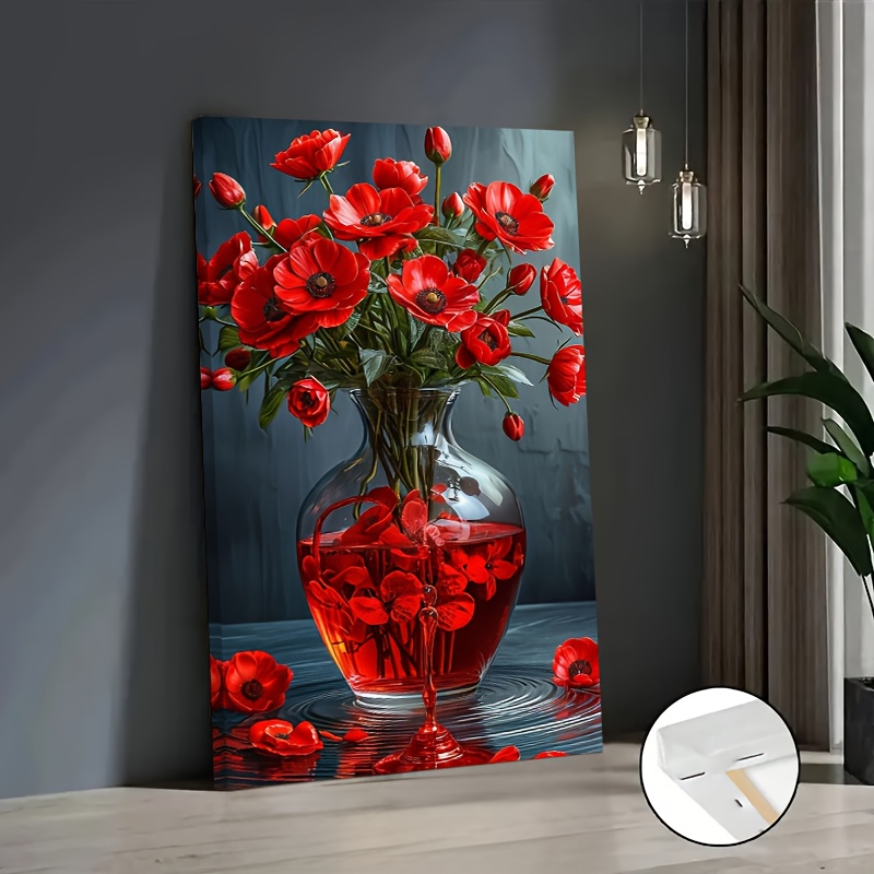 TEMU 2d Flat, Modern Minimalist Red Poppies Oil Framed Canvas Wall - Solid -around Frame Suitable For Living Room Decor, Suitable For Posters, In