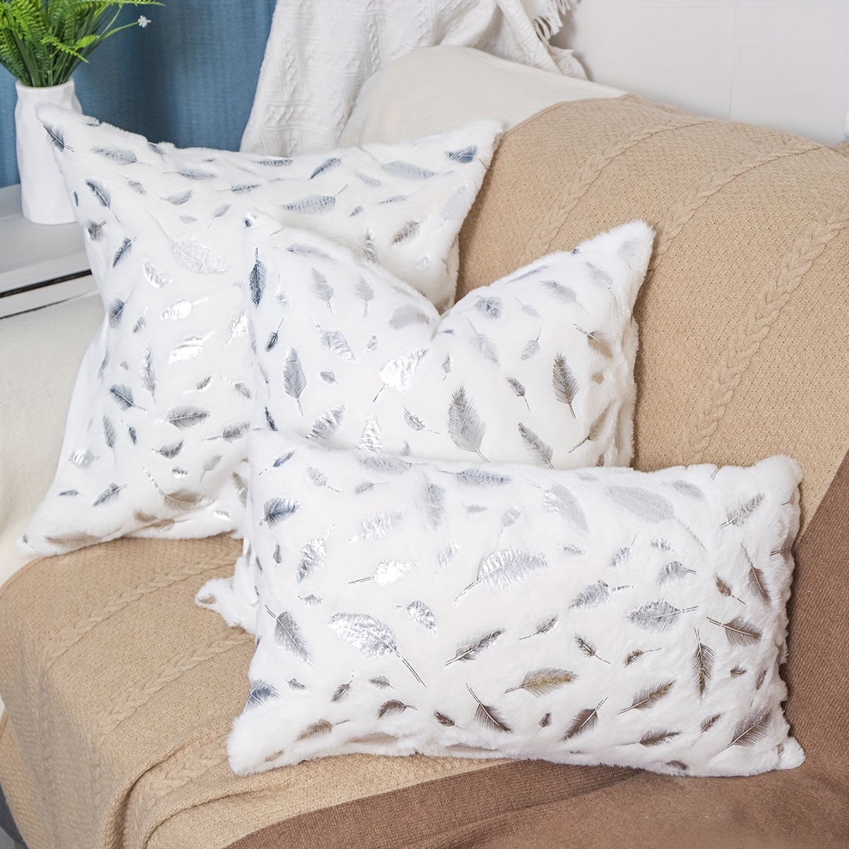 

Soft & Comfortable Silvery Feather Pattern Throw Pillow Cover - Zippered Polyester Cushion Case For Living Room Sofa Decor, Hand Wash Only