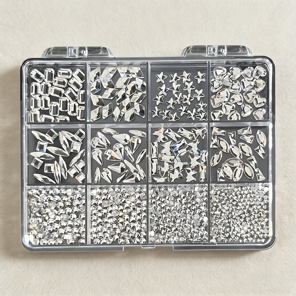 TEMU Kit de décorations d'art d'ongles à mixtes, strass, 12 grilles de pierres de cristal AB transparentes, pierres de 3D à paillettes et dos plat